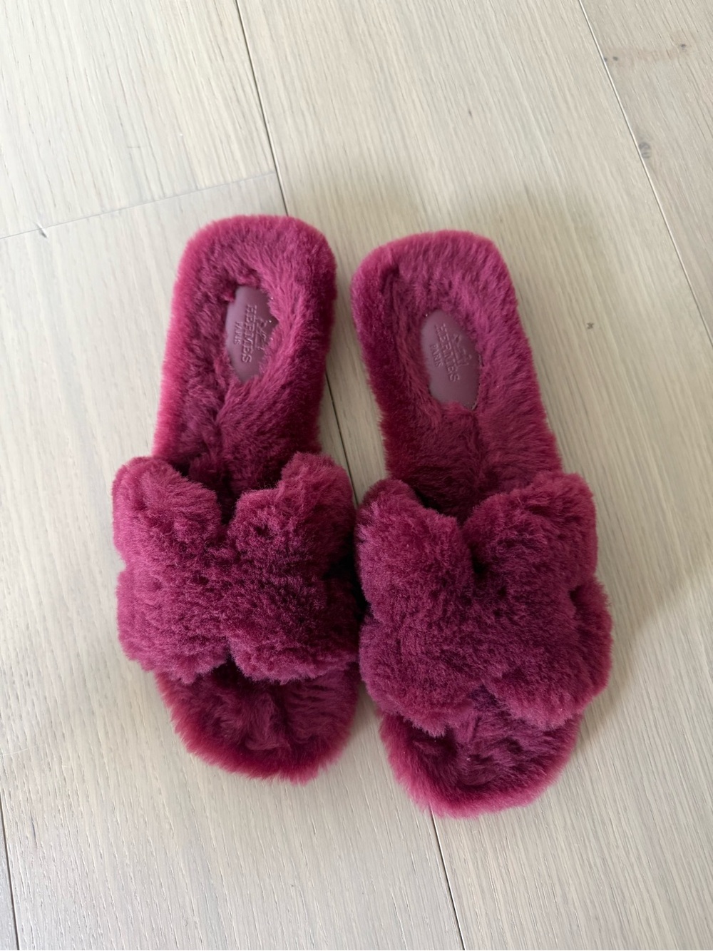 Hermes Women's Plush Shearling Slide Slippers - Berry
